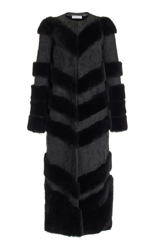 Hugh Embroidered Coat in Black Suede with Shearling