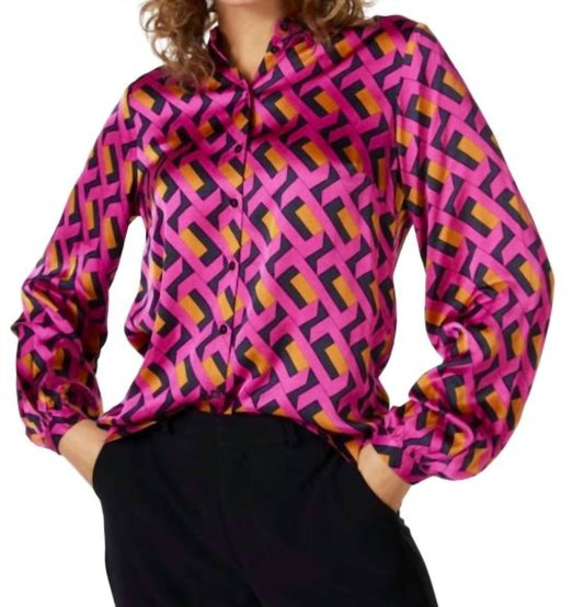 Geo Print Collared Blouse in Pink Mult