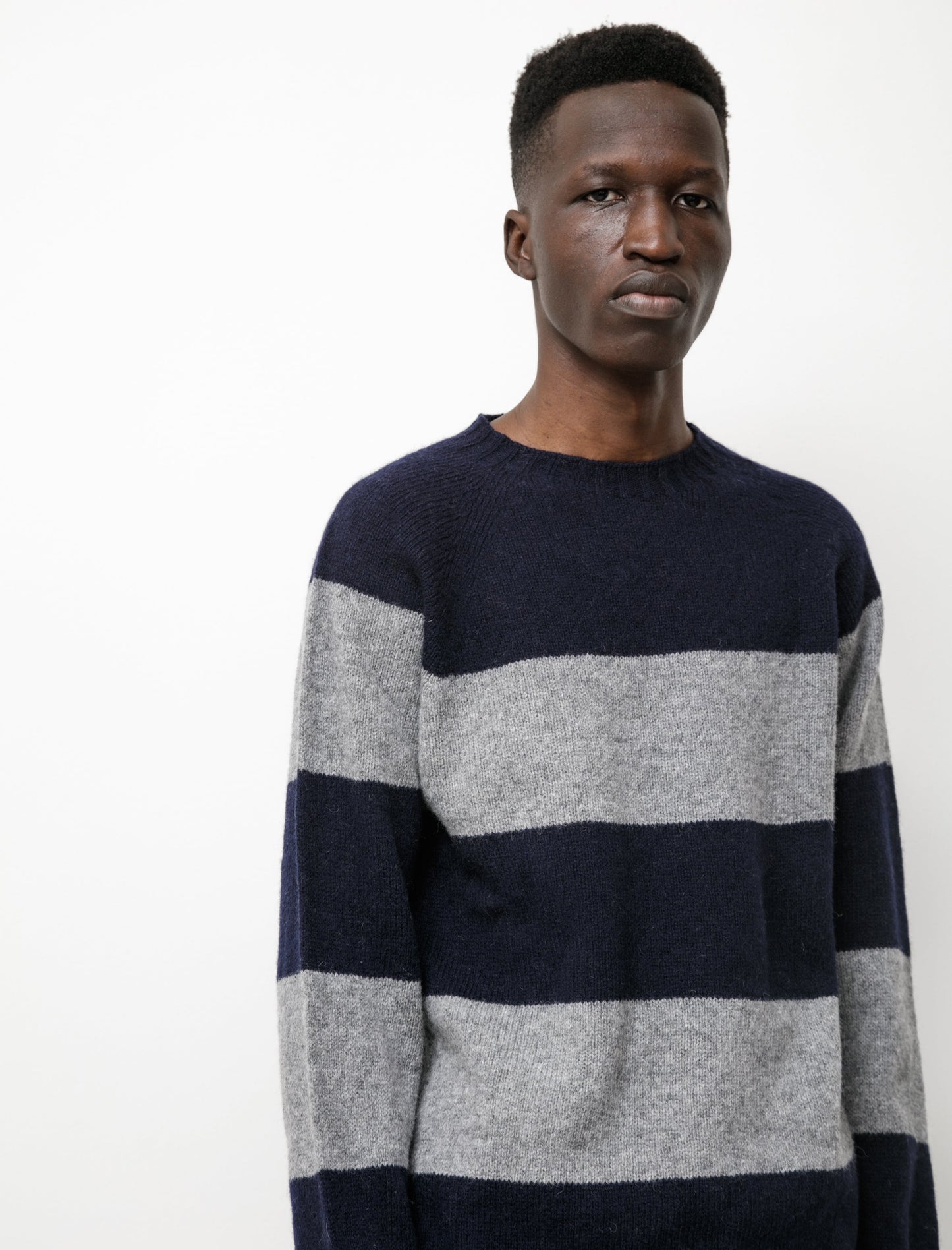 Block Stripe Shetland Sweater New Navy Grey