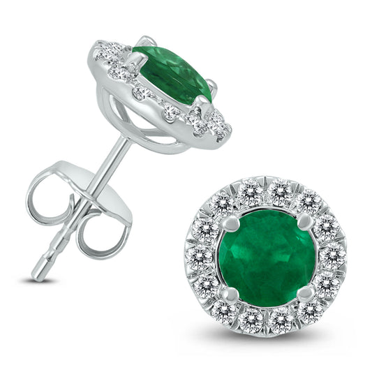 Genuine 1 3/4 Carat TW Natural Emerald And Real Diamond Halo Earrings in 14K White Gold