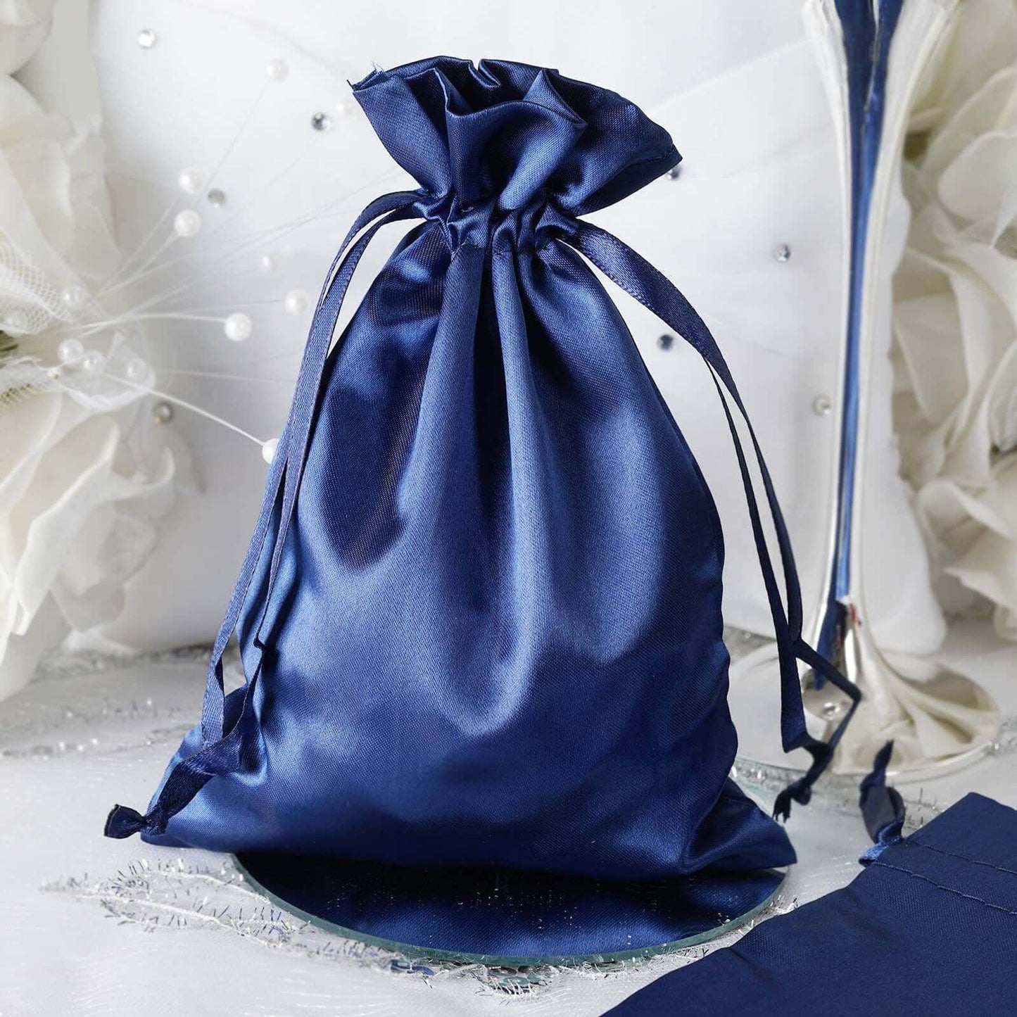 12 Pack Navy Blue Satin Wedding Party Favor Bags, Drawstring Pouch Gift Bags 5"x7"