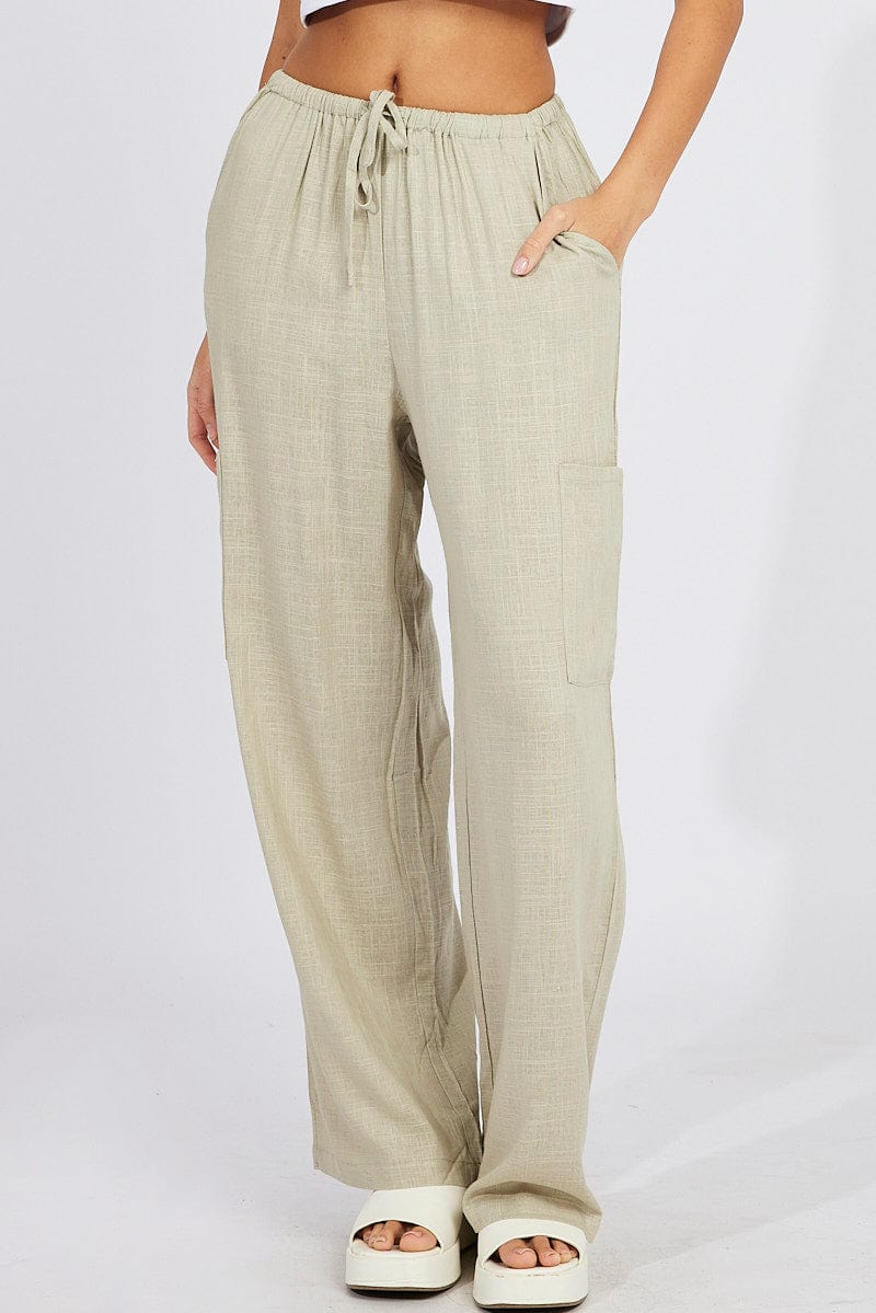 Green Wide Leg Pants Mid Rise Linen Blend