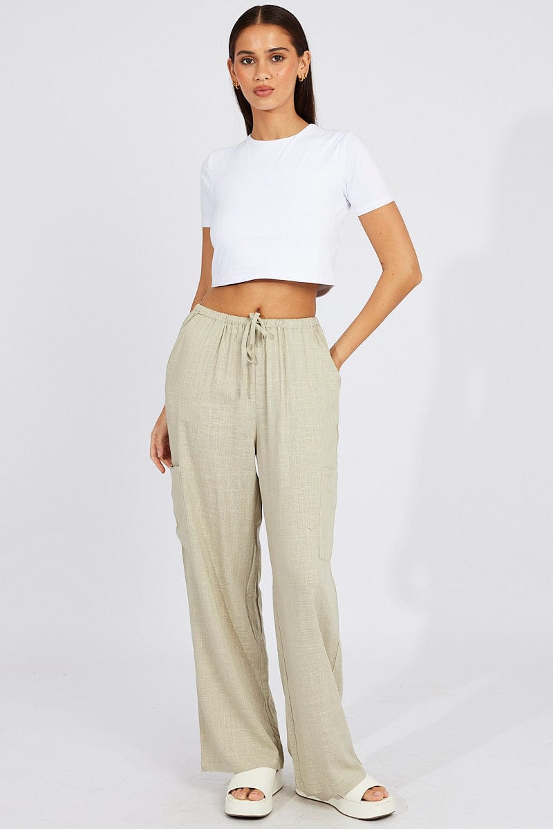 Green Wide Leg Pants Mid Rise Linen Blend