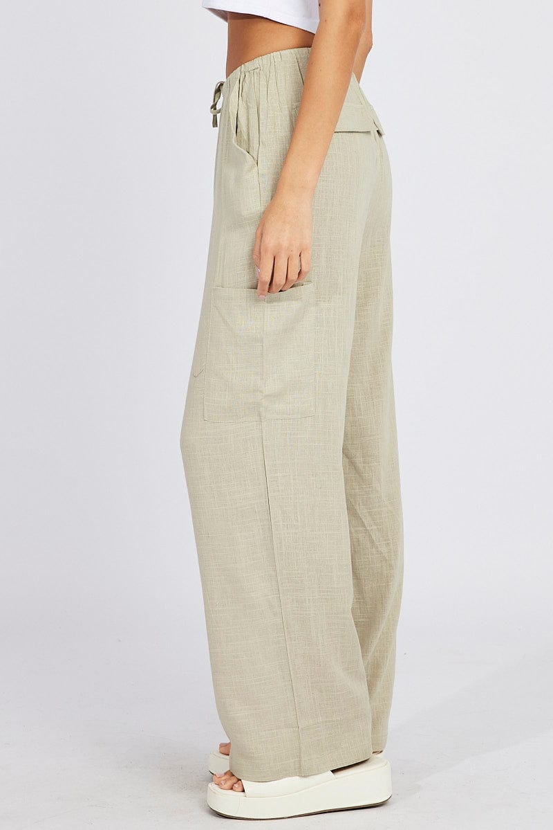 Green Wide Leg Pants Mid Rise Linen Blend