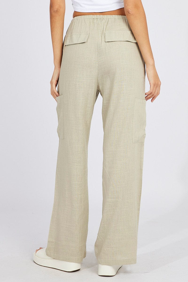 Green Wide Leg Pants Mid Rise Linen Blend