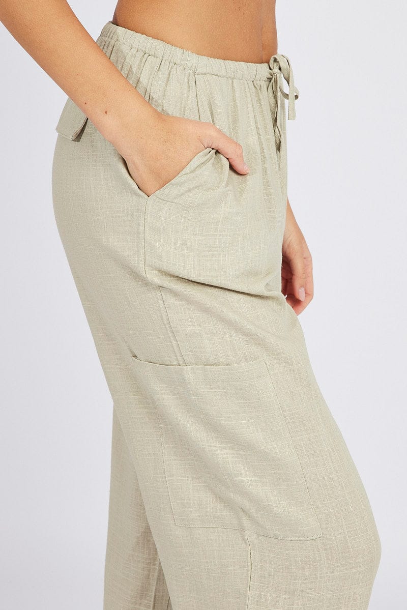 Green Wide Leg Pants Mid Rise Linen Blend